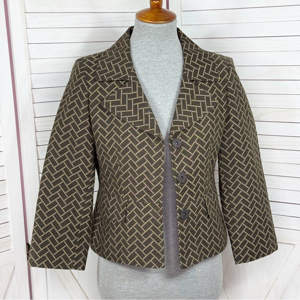 Ann Taylor Loftโ Blazer Women 2 Brown Herringbone Tile Geometric Print Jacket